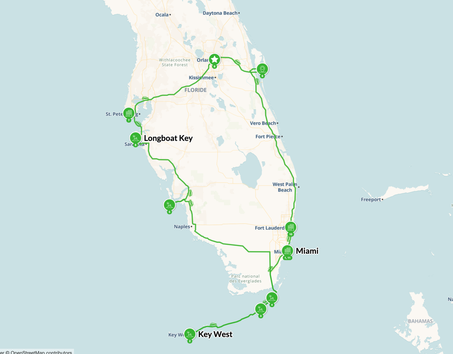 Carte du circuit de notre roadtrip en Floride